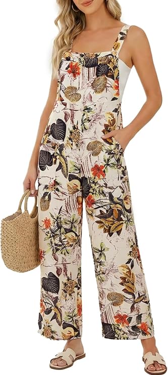 YOINS Floral Jumpsuits for Women Boho Summer Wide Leg Overalls | Sleeveless Casual Cotton Loose Fit Long Rompers with Pockets