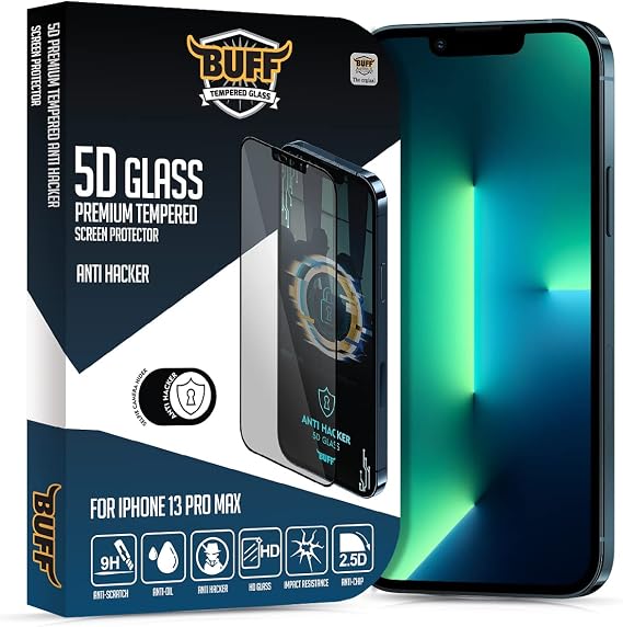 BUFF LABS iPhone 5D Glass Anti Hacker Casus Önleyici Selfie Kamera Gizleyici Ekran Koruyucu (iPhone 13 Pro Max)