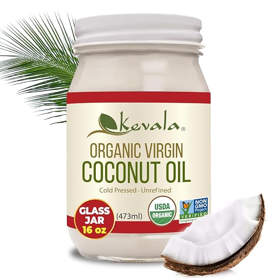Kevala Organic Coconut Oil - Glass Jar, 16 oz, Beauty and Cooking Staple | High-Heat Cooking and Baking, Ideal for Oil Pulling, Easy Storage, Enjoyed in Skin Care and as a Hair Oil, For Keto Diets