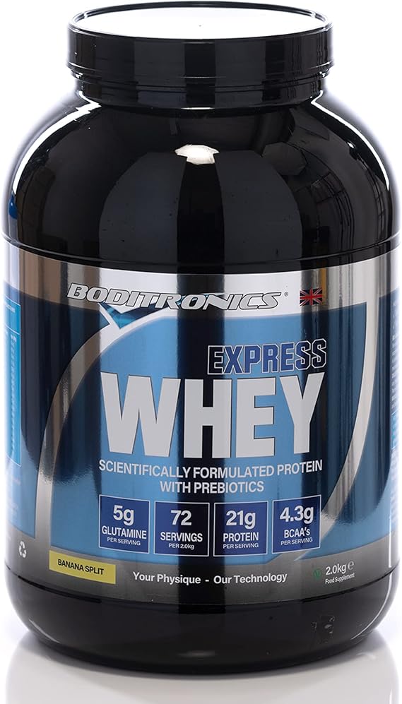 Boditronics Express Whey Protein Powder Muscle Building Powder with Dietary Fibre, BCAA, and High Levels of L-Glutamine Prebiotic Mass Gainer Whey Protein Isolate Protein Shakes (Banana Split, 2kg)