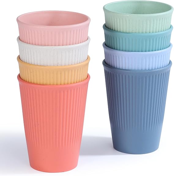 Wheat Straw Cups, Unbreakable Drinking Cup Dishwasher Safe Water Glasses with 8 Colors for Drinking Water, Juice,Milk, Soda, Coffee,Easy to Clean & Reusable (8 Pcs)