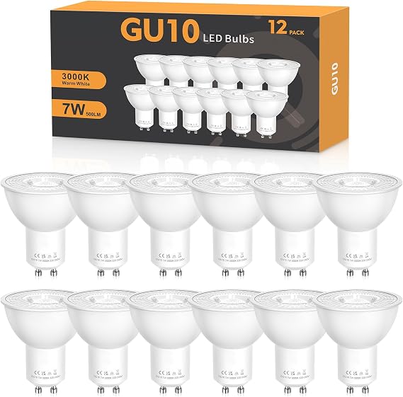GU10 LED Bulbs, GU10 Bulbs 7W 500lm Warm White 3000K 12 Packs | Energy Saving LED Light Bulbs,50W Halogen Spotlight Equivalent,38° Beam Angle, Non-Dimmable, for Home Lighting Decor [Energy Class F]