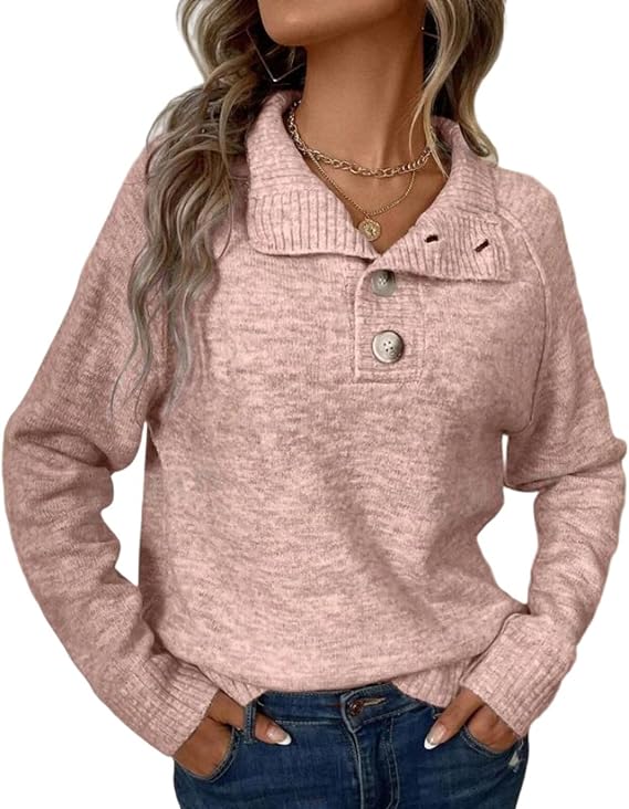 Womens Sweaters Fall V Neck Quarter Button Collared Sweaters Long Sleeve Cozy Light Weight Sweater Slouchy Jumpers