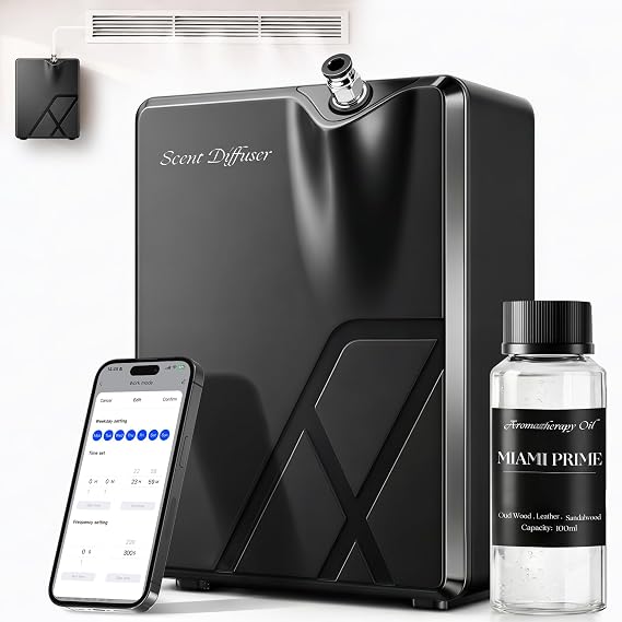 Smart HVAC Scent Diffuser, Waterless Essential Oil Diffuser for Whole House & Large Room up to 2000 Sq.Ft, Cold Air Hotel Collection Scent Machine with WiFi & Bluetooth App, Includes 100ml Oil, Black