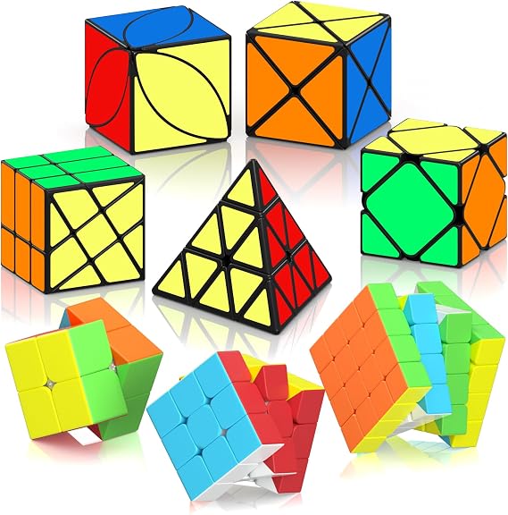 ROXENDA Speed Cube Set 8 Packs, 2x2 3x3 4x4 Pyramid Skewb Ivy Dino Sticker Puzzle Cube Game, Fast Cube Collection as Christmas Birthday Party for Kids Teens Adults (8 Pack)