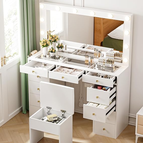 White Vanity Desk with Large Mirror and Lights, Glass Tabletop Vanity Table Set with Power Outlet,11 Deep Drawers ,12 LED Lights Bulbs, Storage Bench and 3 Light Modes, Makeup Table for Bedroom