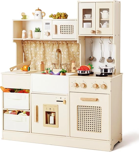 labebe Play Kitchen for Kids Indoor Pretend Play, Wood Toy Set with 2 Storage Boxes, Stove, Sink, Ice Maker, Pots and Pans, Kitchen Set for Cooking Play