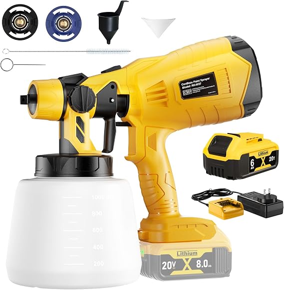 Cordless Paint Sprayer Gun with Battery 3500mAh, ith 2 Copper Nozzles, 1000ML Containers, Paint Sprayer for House Painting Furniture Cabinets Fence Wall