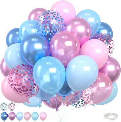 Pink and Blue Balloons,50PCS 12 Inch Metallic Baby Blue Pink Purple Pearl Blue and Pink Confetti Balloon with Ribbon,for Girl Boy Gender Reveal Birthday Baby Shower Party Decorations