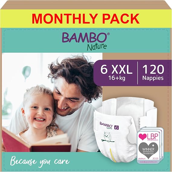 Bambo Nature Premium Eco Nappies, Size 6 (35+ lb/16+ kg), XXL, 120PK, Eco-Labelled, Enhanced Leakage Protection, Secure and Comfortable Baby Nappy
