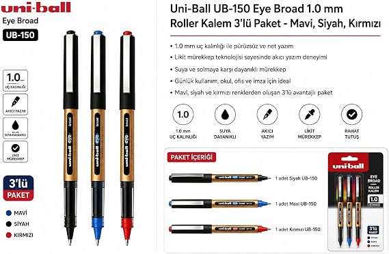 Mavi Siyah Kırmızı Pilot Kalem 3 Adet Uniball Eye Broad 1.0 mm Roller Pilot Kalem Ub-150-10 Roller Uçlu Likit Mürekkepli