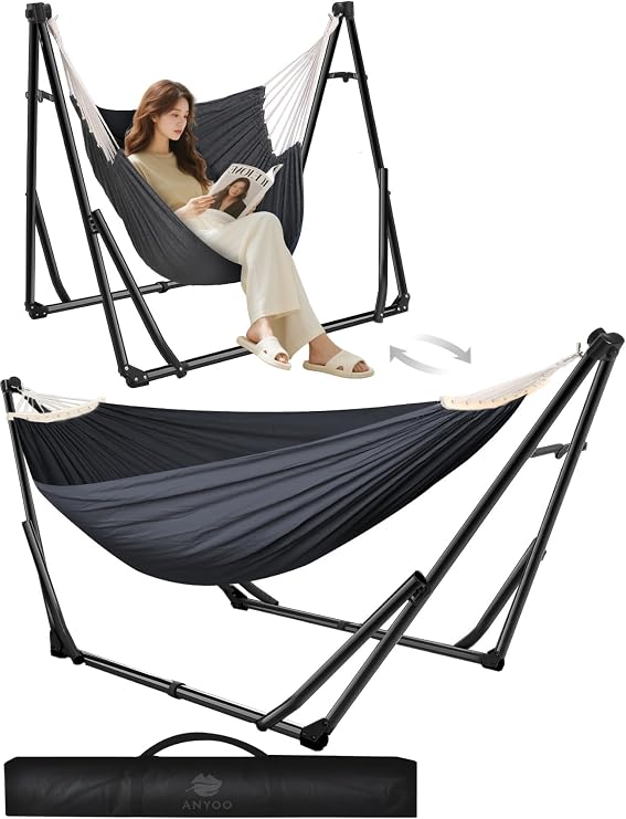 ANYOO 2-in-1 Hammock & Chair Stand with Collapsible Steel Frame & Carry Bag