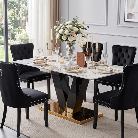 gopop Marble Dining Table,Modern Dining Room Table with Golden Stainless Steel Base,Marble Kitchen Table for 8 People,71'' Gold Dining Table Ideal for Living Room Home Office