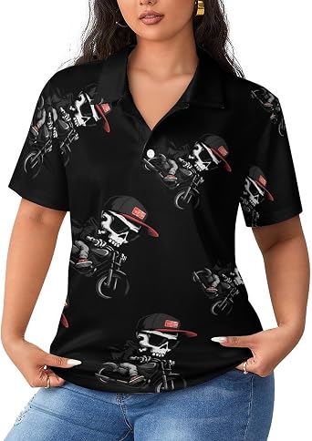 Skeleton Motorbike Womens Polo Shirt Short Sleeve Golf Shirts Casual T-Shirt Top