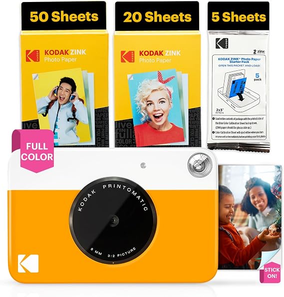 Kodak Printomatic Instant Camera - 75 Sheet Package - 5MP - Zinc 2x3 Photos - Portable - Yellow