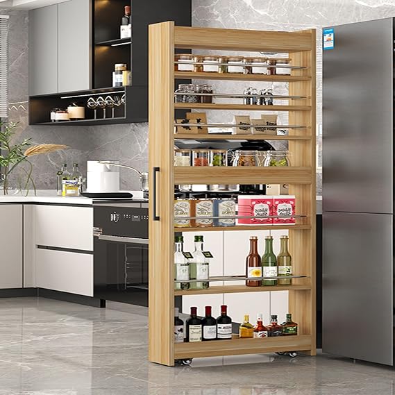 Slim Rolling Storage Cart with Wheels Narrow Spice Rack Organizer Cabinet Next to Refrigerator Space Saving Wood Storage Cabinet for Kitchen, Pantry(Wood,D 21.65 x H 31.69 x W 5.91 in)