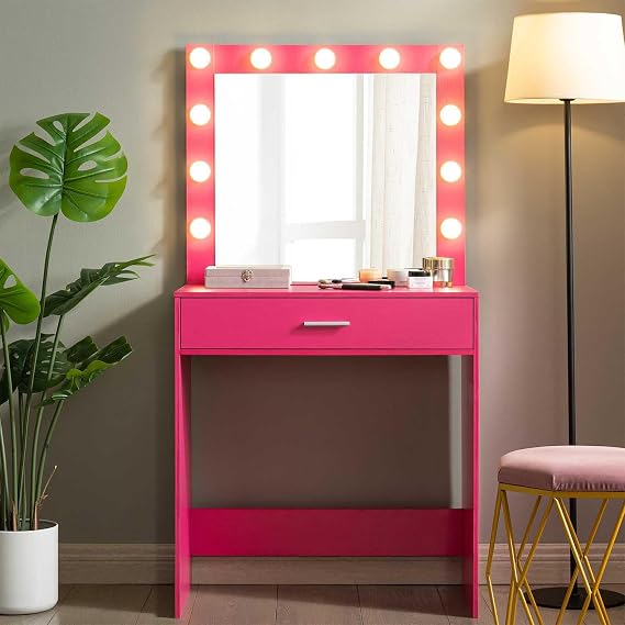 Makeup Vanity Desk with Hollywood Mirror, Small Vanity Table with LED Lights & 1 Large Drawers, 3 Color Adjustable Makeup Mirror, Dressing Table for Bedroom, Dressing Room,Pink