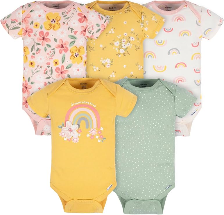 Gerber Baby Girls 5-Pack Short Sleeve Variety Onesies Bodysuits