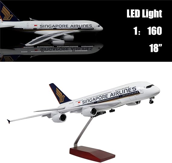 24-Hours 18 1:160 Airplane Model Singapore Airbus 380 Model Plane with LED Light(Touch or Sound Control) for Decoration or Gift