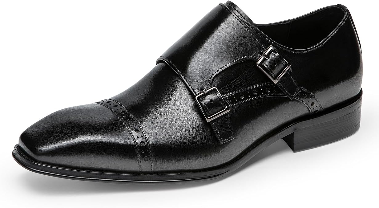 Loafers for Men - Genuine Leather Monk Strap Dress Shoes |Double Buckle Formal Shoes for Business Black US 9.5