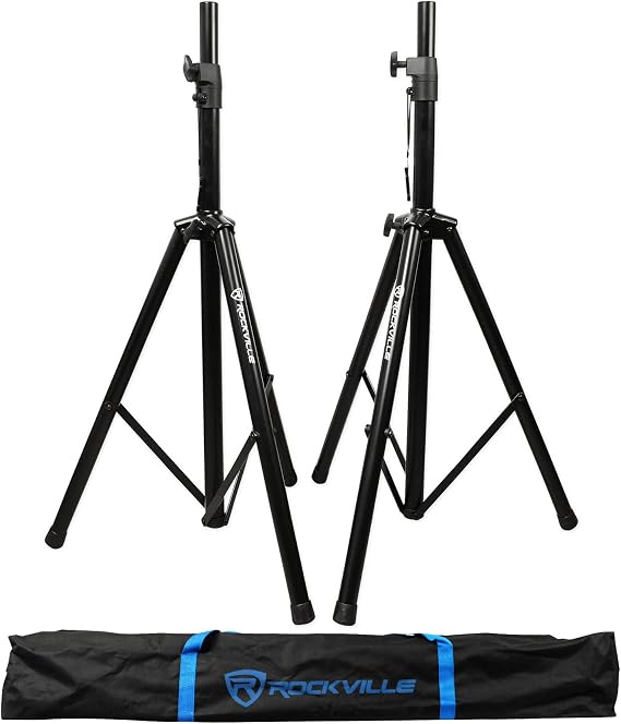 Rockville RVSS2 Black Tripod DJ PA Speaker Stands Pair with Carrying Case | 47"-79" Adjustable Height, 132 lb Capacity Each, Heavy-duty Steel Construction, 23" Base Spread, 1.38" Tubes