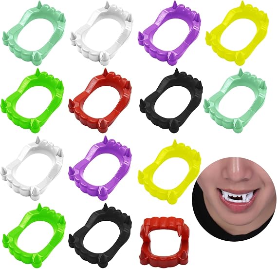 14 PCS Halloween Demon Teeth Gnarly Fake Teeth,Plastic Funny Dentures Vampire Fangs Glow in The Dark Teeth for Halloween Costume Play Party