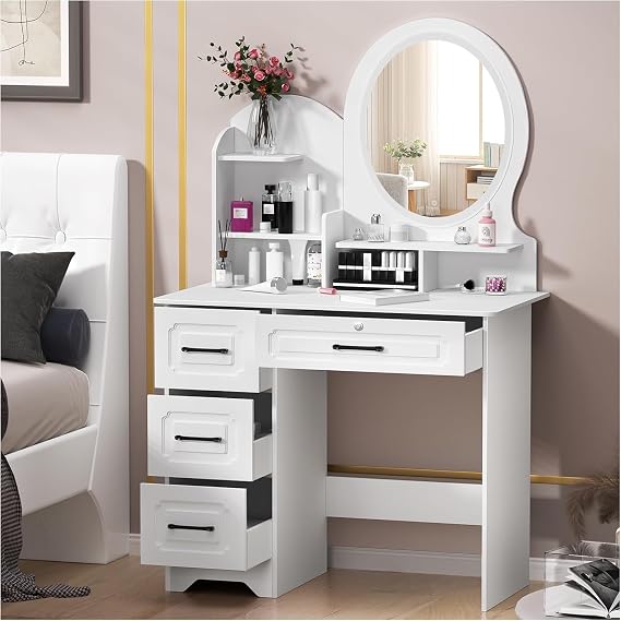 Makeup Vanity Desk with Mirror and Lights, Large Dressing Table with 4 Drawers and 3 Shelves, White Vanitys Table with Stool for Bedroom, Girls Vanity with Storage White