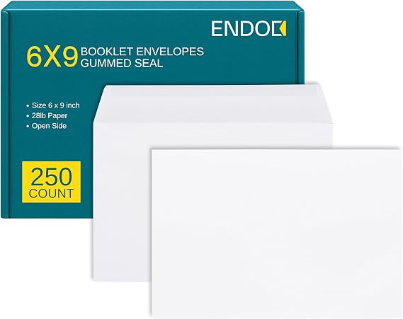 6x9 Booklet Envelopes - 250 pack - Mailing Envelopes with Gummed Seal - White Letter Envelopes Open-Side 6x9 Envelopes - 24 lb Heavy Duty Paper Plain Envelopes for Catalogs, Business, Booklets