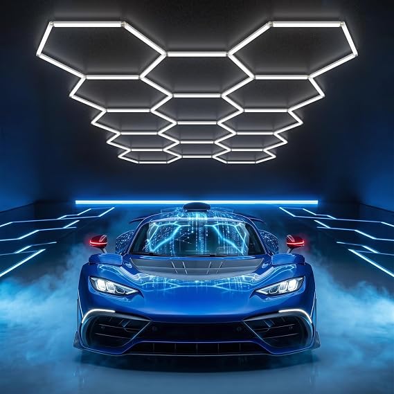 ALLYES Hexagon Garage LED Lights, Ceiling Lights, 65 Packs, 370W, 48,000LM, 6500K Daylight White Honeycomb for Workshop, Warehouse, Car Detailing Shop, Exhibition Hall, Gym