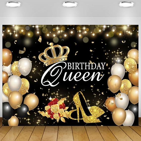 Black Gold Happy Birthday Banner Backdrop for Women Girl 5x3Ft