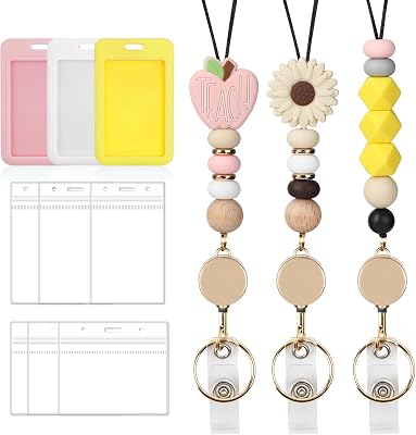 12 in 3 Sets Retractable Teacher Lanyards for ID Badges with ID Holder Teacher Badge Reel Breakaway Lanyard Silicone Beaded Flower Crayon for Women Cute Nurse School