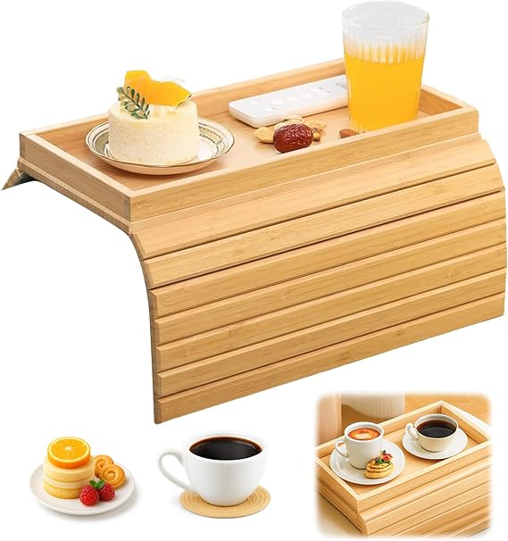 Wooden Sofa Arm Tray Table: Foldable Sofa Armrest Tray Anti-Slip Design