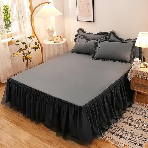 Korean Princess Lace Bed Skirt Bed Sheet Queen Size Decorating Bedroom Pleated Bed Frame Cover Wrap Around Bed Skirts with Pillow Case Dust Ruffle for Twin/Queen Bed,Dgray,180x200cm