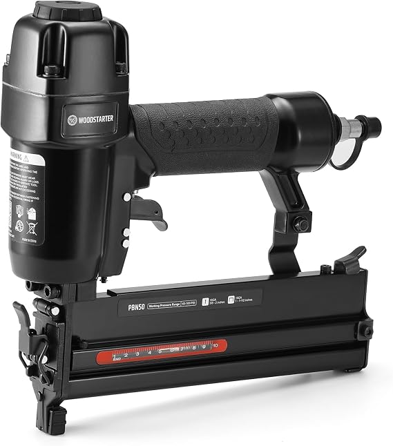 Pneumatic Brad Nailer, 18 Gauge 2 in 1 Air Brad Nail Gun and Staple Gun, compatible with 2-Inch Brad Nails and Crown 1-1/2 inch Staples, for Upholstery, DIY Project, Woodworking