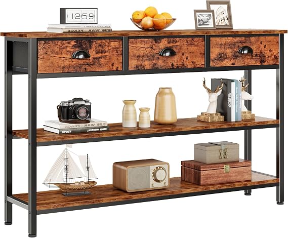 Furologee 47" Console Table with 3 Drawers, 3-Tier Sofa Table for Behind Couch with Open Wooden Shelves, Industrial Display Shelf for Hallway,Entry Way, Living Room, Kitchen, Foyer, Rustic Brown | Industrial Hallway Table with Open Wooden Shelves for Hallway, Entry Way, Living Room, Kitchen, Foyer, Rustic Brown