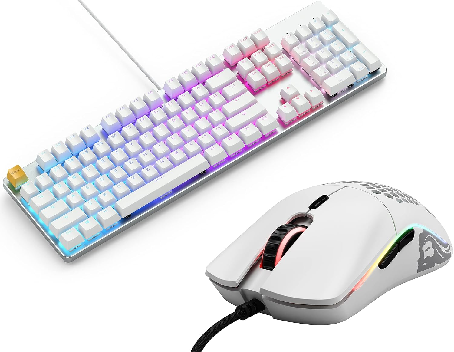 Gaming Keyboard and Mouse Combo - Glorious GMMK 100% Backlit RGB Full Size Mechanical Keyboard  Model O Minus Wired Gaming RGB Matte White Mouse Bundle
