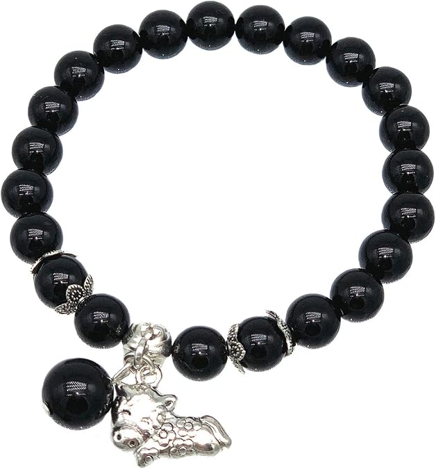 Feng Shui Handmade Chinese Zodiac Black Agate Beads Bracelet Amulet