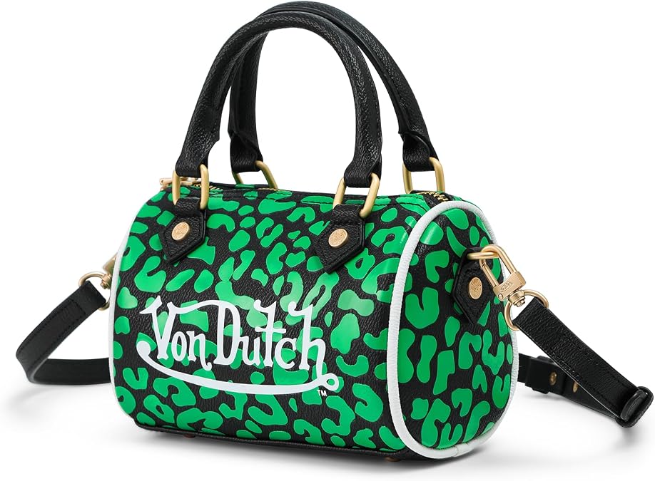 Von Dutch Hanna Cheetah Print Bag | 6.5 Vegan Leather Mini Crossbody with Logo Hardware, Top Handles & Zipper Pouch