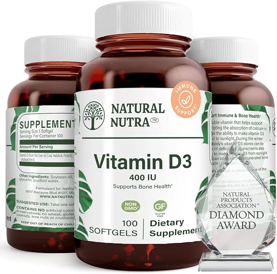 Natural Nutra Vitamin D3 400 IU Softgels, Gluten-Free Vitamin D, 100 Count