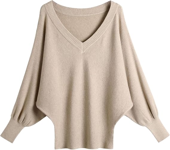 Women's Long Lantern Sleeves Knitted Pullover Tops V-Neck Batwing Sleeves Solid Sweaters