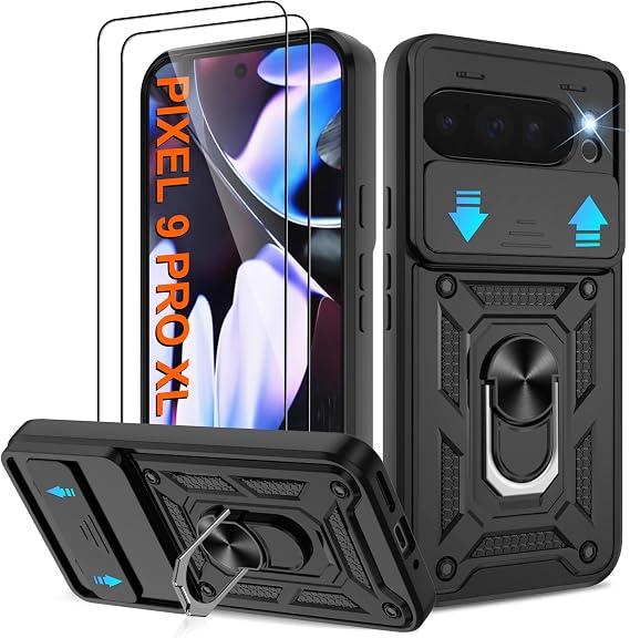 Shockproof Case for Google Pixel 10 Pro XL/Pixel 9 Pro XL Case with 2 Pack Screen Protector,Shockproof Protective Case with Slide Camera Cover,Ring Stand Phone Cover for Pixel 10 ProXL 6.8",Black
