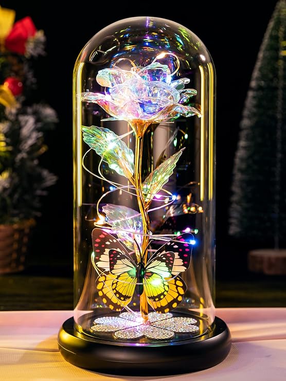 Birthday Gifts for Women Mom, Galaxy Glass Rose in Glass Dome Forever Eternal Crystal Roses with Butterfly Anniversary Christmas Rose Gifts for Women Her Wife Grandma Sister Girlfriend, Colorful