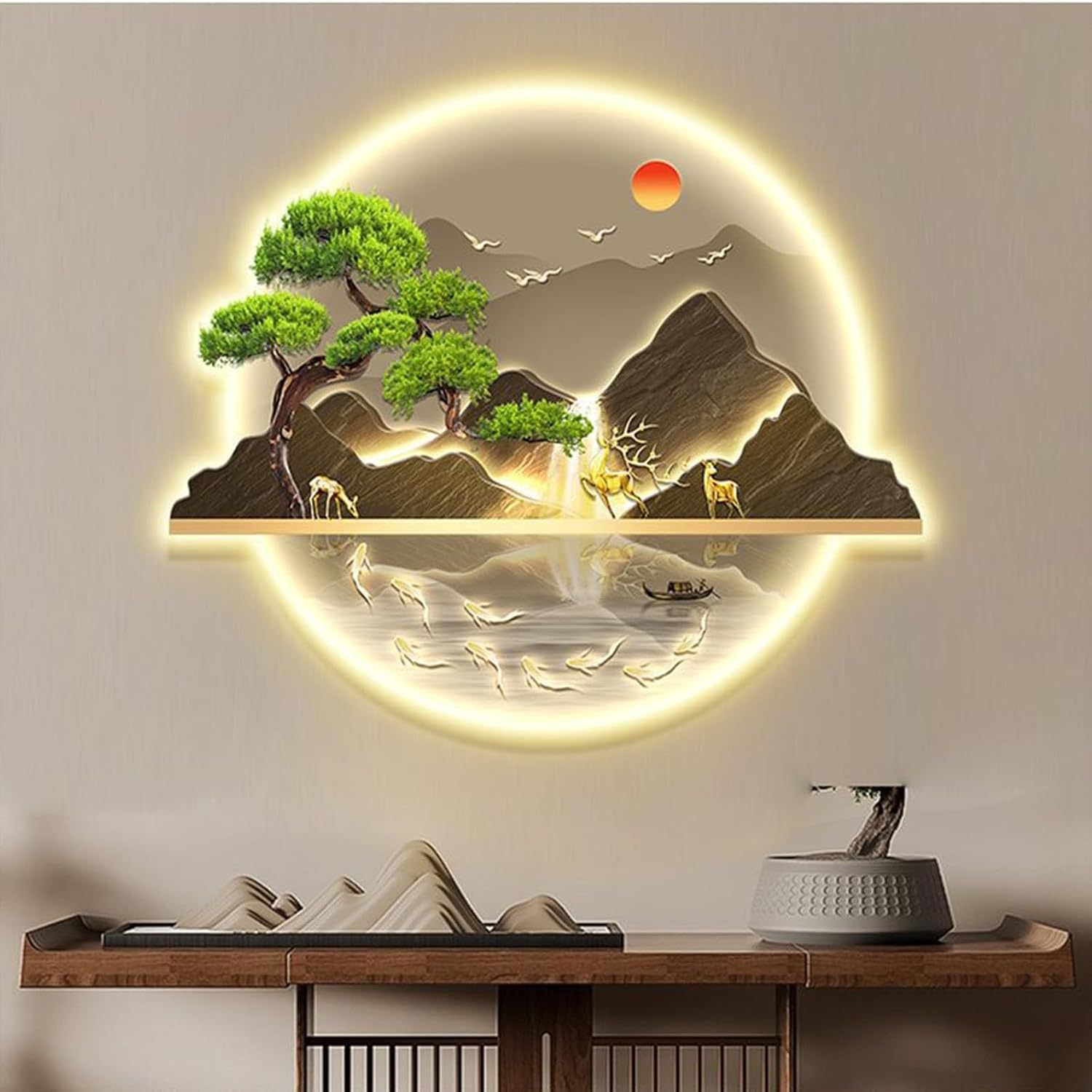 3D Wall Sculptures, Large Modern Metal Wall Sculptures, Wall Painting Hanging with LED Light, for Living Room, Bedroom, Office