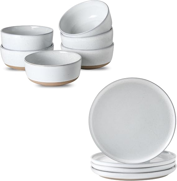 Dinner Plates Set of 4,Stoneware 10 Inch Soup Bowls Set of 6,30 Ounce Stoneware Cereal Bowl-White Ceramic Bundle