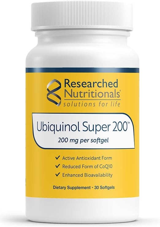 Researched Nutritionals Ubiquinol Super 200 - Enhanced Absorption CoQ10 200mg Softgels - Coenzyme Q10 Ubiquinol Form Antioxidants Supplement to Support Heart Health & Cellular Energy (30 Softgels)