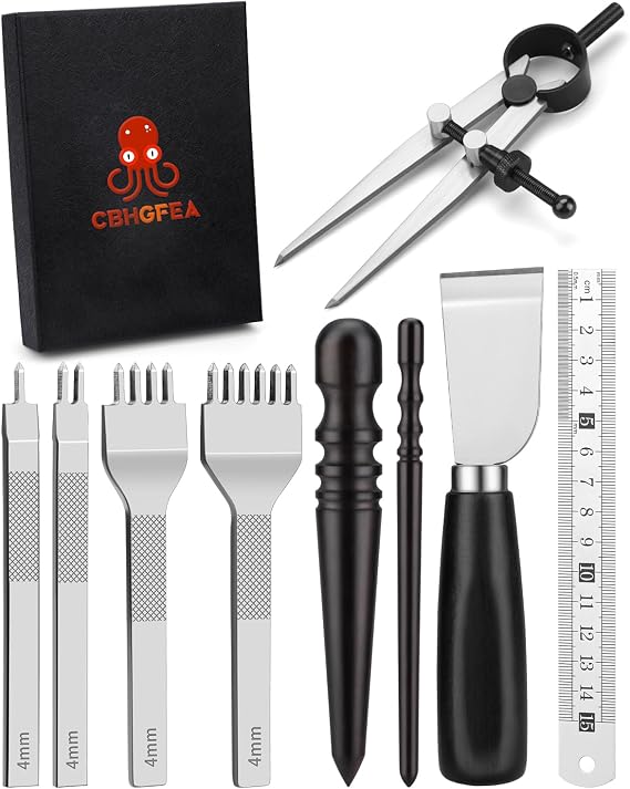 Leather Working Tools, Cutting Knife Edge Burnisher Stitching Punch | Includes Cutting Knife, Edge Burnisher, 1/2/4/6 Stitching Punch, Leather Compass Geometry Tool and Ruler for DIY Leathercraft