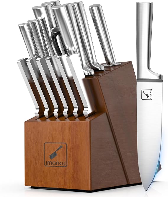 imarku 15 PCS Knife Set: Kitchen Knife Set with High Carbon Stainless Steel, Knife Block Set with Dishwasher Friendly Ultra Sharp Professional Chef Well Balance Knives Set, Best Gifts for Women Men