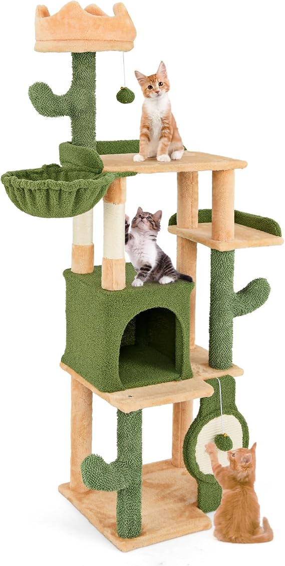 PETSITE 63 inch Cactus Cat Tree, Multi-Level Tall Cat Tower with Sisal Scratching Posts and Board, Comfy Condo, Rotatable Basket, Hanging Toys, and Anti-tipping Device, Modern Cat Tree for Indoor Cats