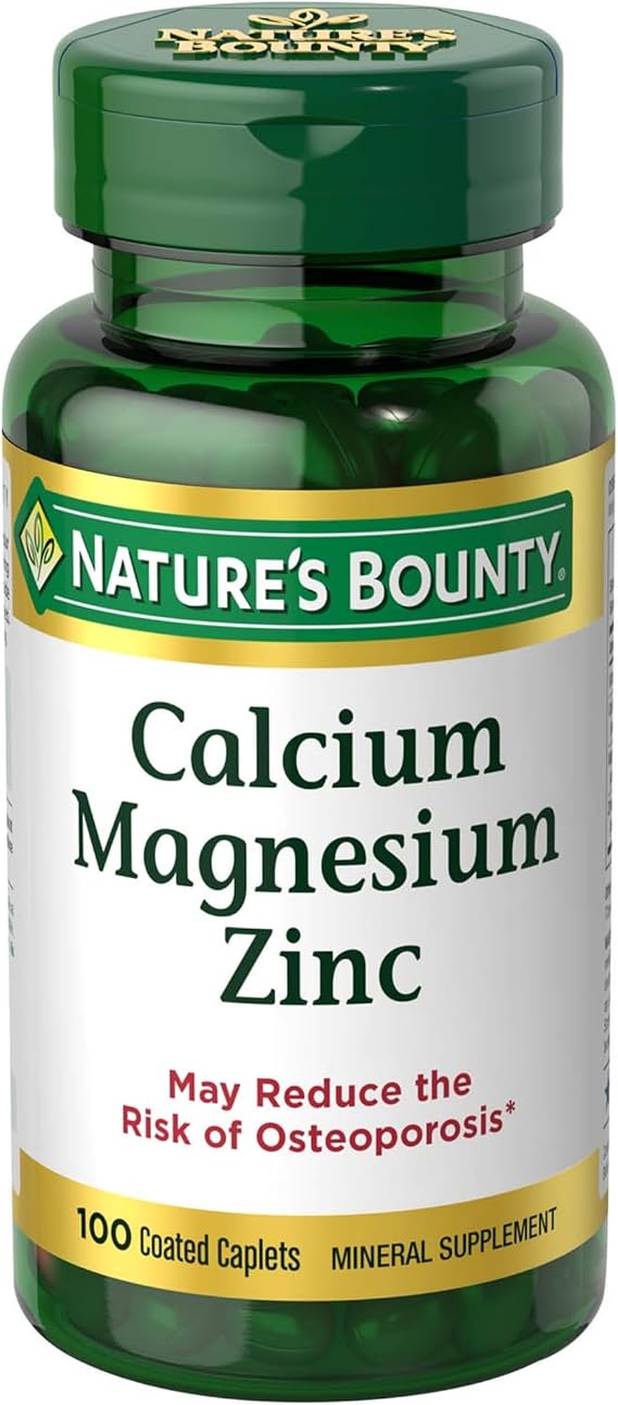 Nature's Bounty Calcium Magnesium & Zinc Caplets, 100 Count | Immune & Bone Health, Daily Supplement, 1000mg Calcium, 400mg Magnesium, 600 IU Vitamin D, Gluten Free