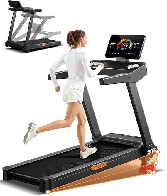 Foldable Treadmills for Home with 20% Incline, 14KM/H Treadmill with Handles, Running Machine for Heavy People, 180KG Weight Capacity, Large Running Belt and Intelligent LED Touch Screen